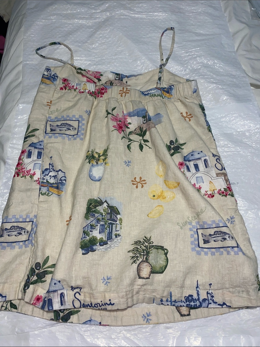Santorini Print Cream Linen-Blend Spaghetti Strap Dress with Built-In Shorts - Picture 3 of 3